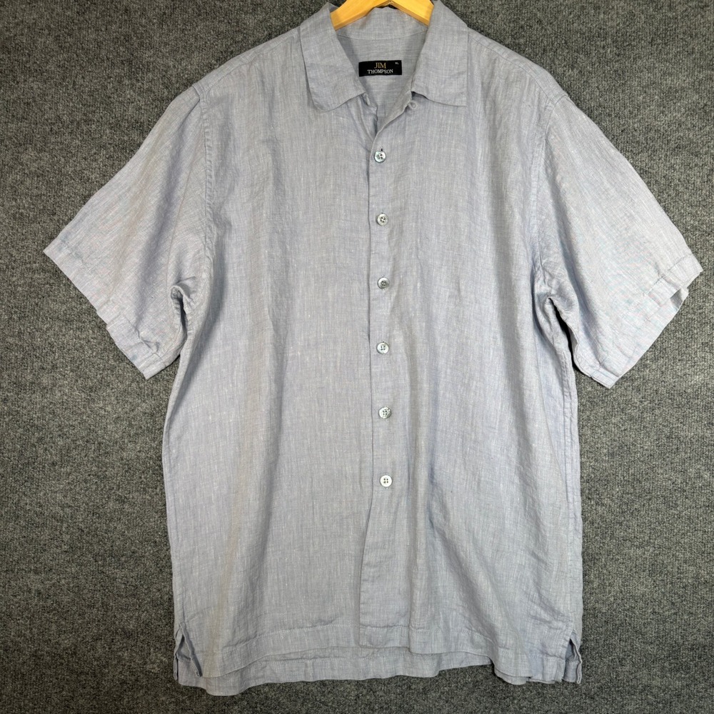 Jim Thompson Loop Collar 100% Linen Shirt Mens XL Blue Casual Lightweight Beach